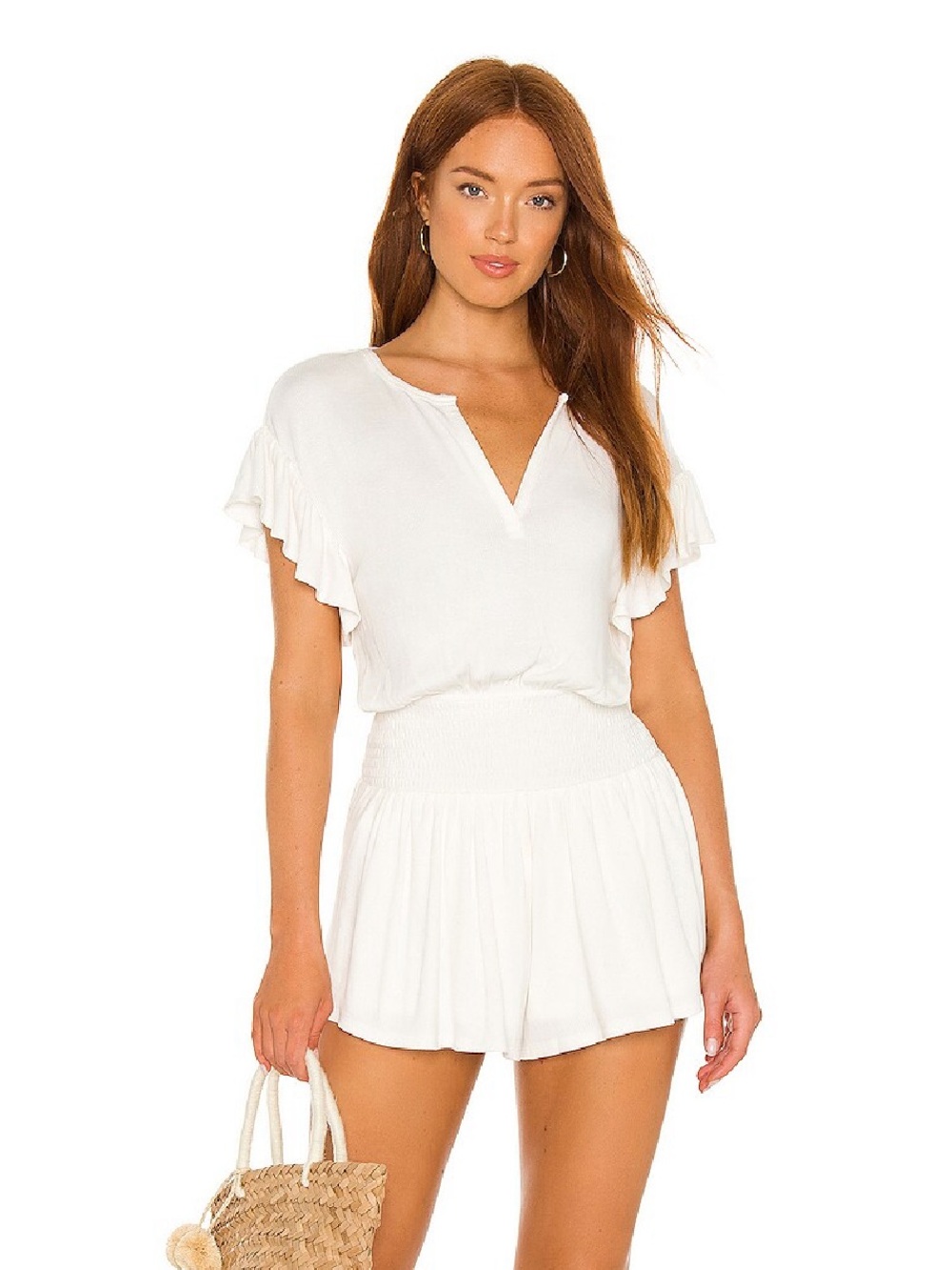 Lovers & Friends Revolve Wells White Thermal Smock Ruffle Romper Playsuit S NWT